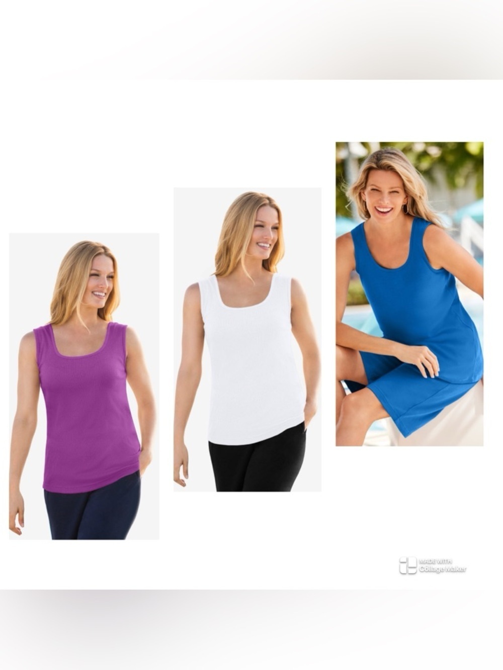 NWOT Bundle of 3 Ribbed Knit Tanks, Size 1X (22/24), White/Blue/Purple